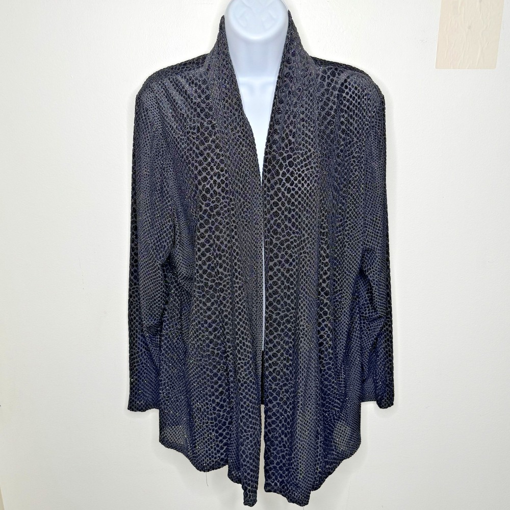 MSK Cardigan Sweater Womens 2X Black Open Front Metallic Animal Print Sparkle